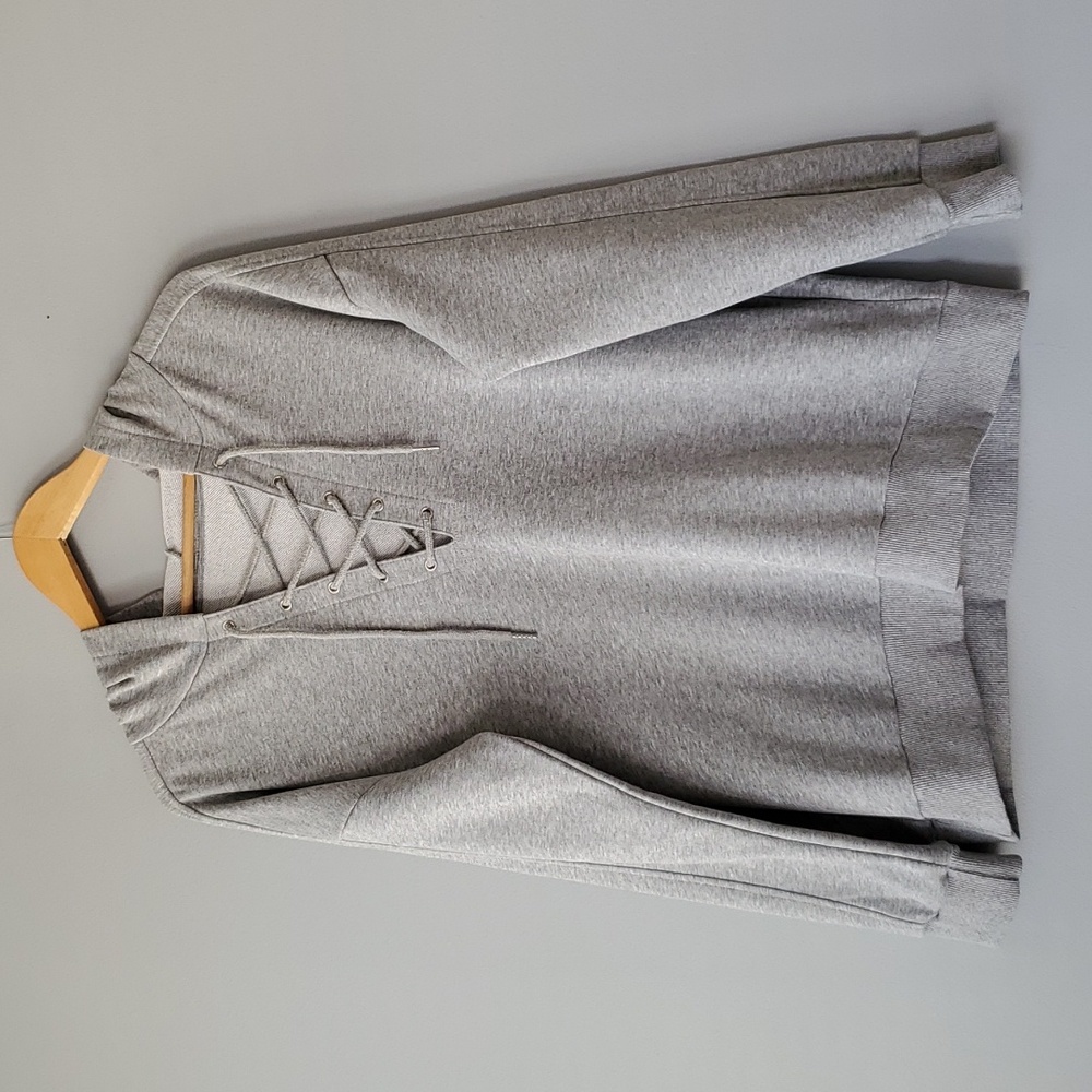 Boutique Gray Long Sleeve V Neck Lace Up Hooded Sweatshirt Womens Large
